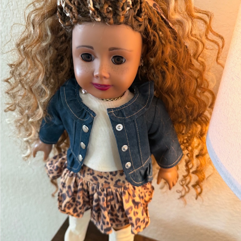 American Girl Doll with Denim Jacket and Leopard Skirt customized